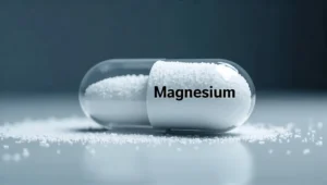Duża, przezroczysto-biała kapsułka z widocznym wewnątrz proszkiem i napisem „Magnesium”, leżąca na gładkiej powierzchni rozsypanych białych mikrogranulek na ciemnoniebieskim tle.
